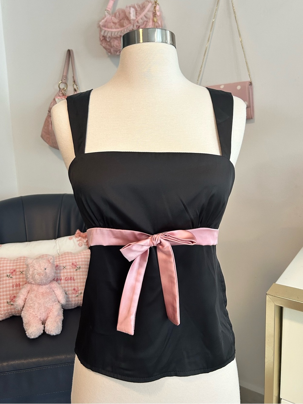 Black Satin Camisole with Pink Bow Accent